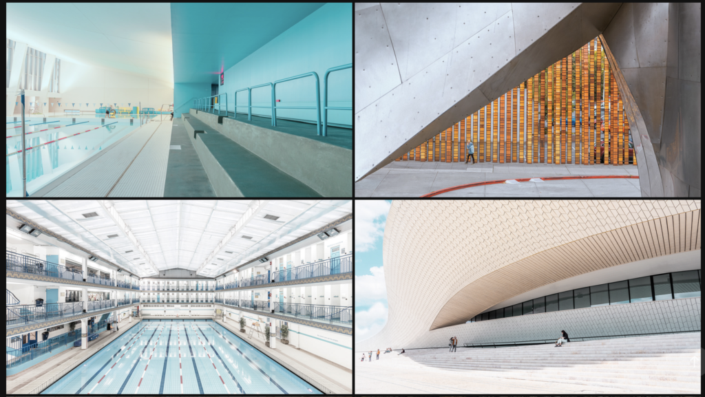 Minimal swimming pool architecture in pastel blue and white