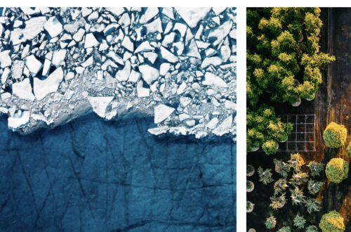 Abstract blue and white textured landscape artwork resembling fractured ice