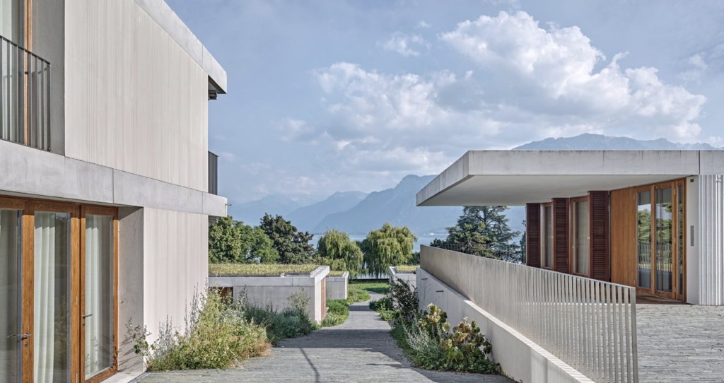 La Becque artist residency in Switzerland showing modern live-work studios overlooking Lake Geneva and the Alps