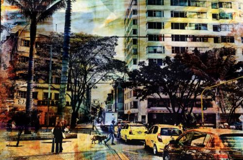 oversaturated coloured street scene from california with palm trees