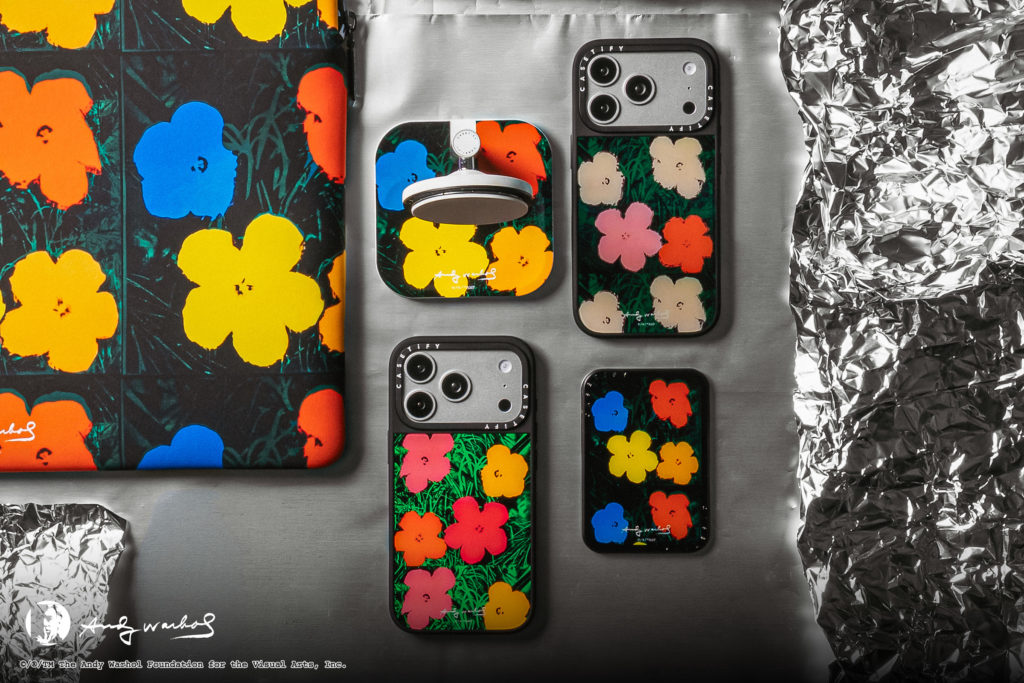 Andy Warhol Flowers collection by CASETiFY featuring colourful floral iPhone cases, a MagSafe grip, cardholder and tablet cover inspired by Warhol's iconic 1965 Flower series.