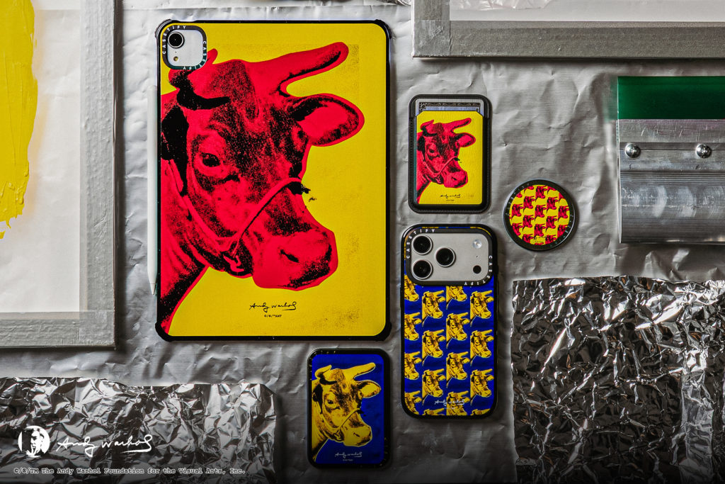 Andy Warhol Cows collection by CASETiFY including an iPad case, iPhone cases, wallet and MagSafe accessory featuring Warhol's vibrant Cow artwork in bold Pop Art colours.
