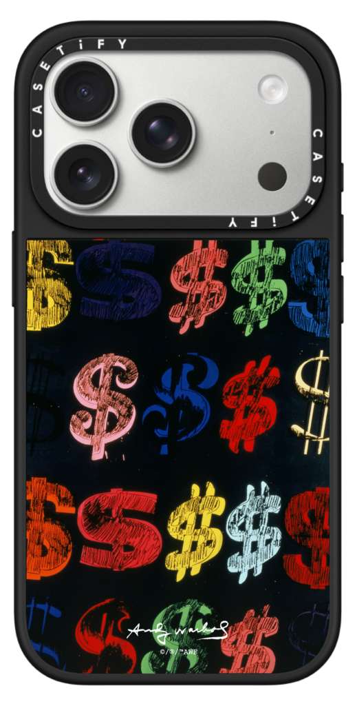 Close-up of the Andy Warhol Dollar Signs CASETiFY iPhone case featuring Warhol's iconic multicoloured dollar sign artwork on a black background with a protective CASETiFY camera ring.