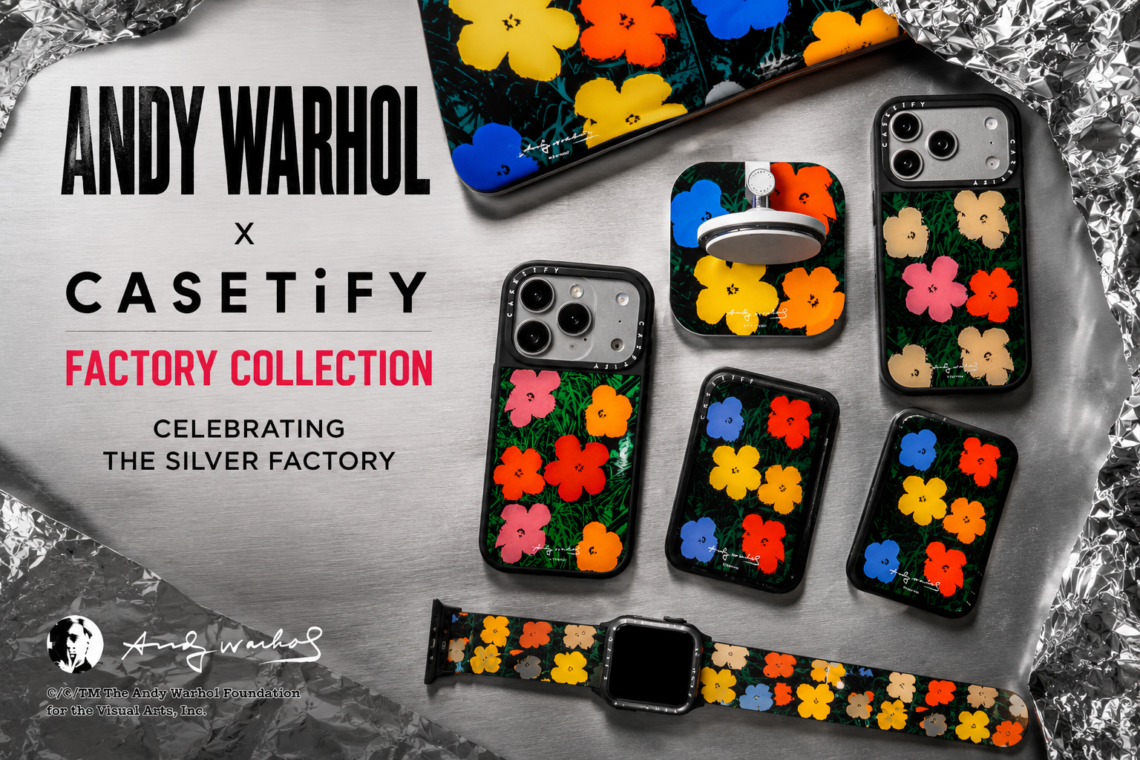 Header image for the Andy Warhol x CASETiFY Factory Collection showing Warhol's iconic Flowers designs across iPhone cases, an Apple Watch band and accessories arranged on a silver industrial backdrop inspired by the artist's legendary Silver Factory.