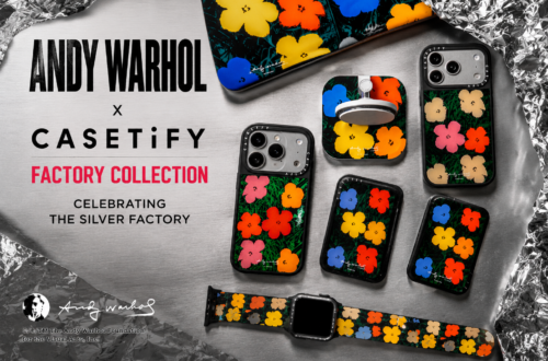 Header image for the Andy Warhol x CASETiFY Factory Collection showing Warhol's iconic Flowers designs across iPhone cases, an Apple Watch band and accessories arranged on a silver industrial backdrop inspired by the artist's legendary Silver Factory.