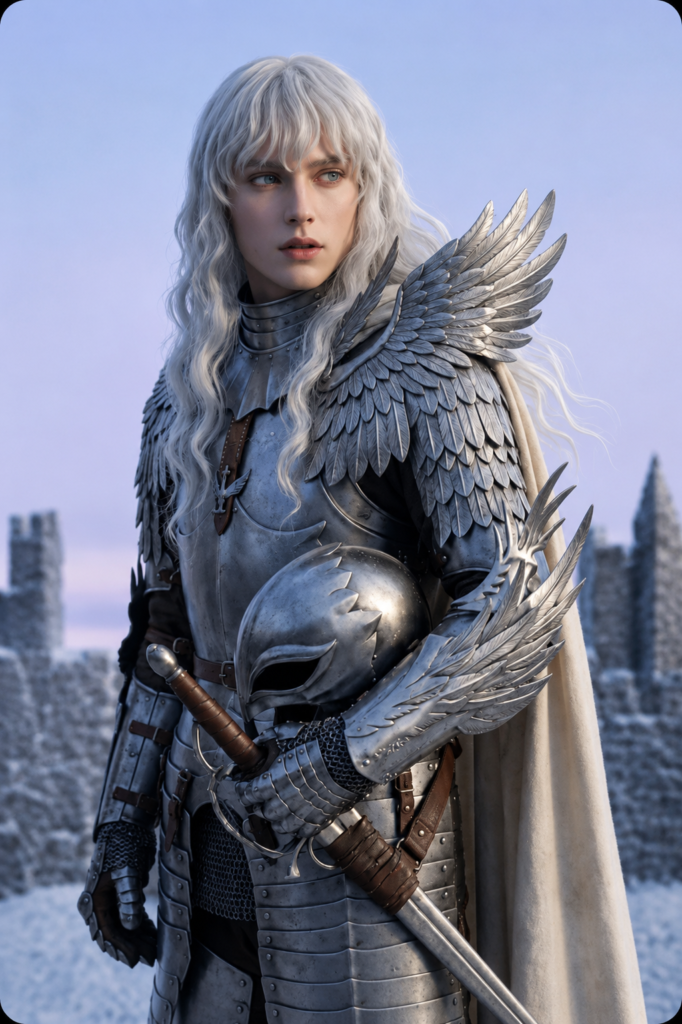 PixVerse AI video generation example featuring a silver-haired fantasy warrior in intricately detailed winged armour holding a sword and helmet against the backdrop of a medieval castle, showcasing the platform's cinematic character generation capabilities.