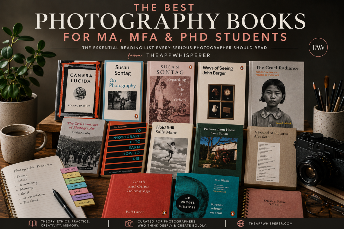 Best Photography Books for MA, MFA and PhD Students featuring essential photography theory, documentary and visual culture books from TheAppWhisperer.