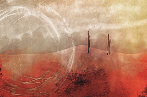 painterly image of two people silhouttes