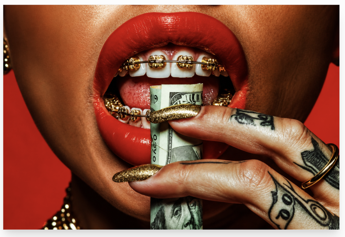 Extreme close-up of glossy red lips with gold braces biting a rolled US dollar bill, held by tattooed fingers with long gold glitter nails against a vivid red background, symbolising wealth, luxury and consumerism.