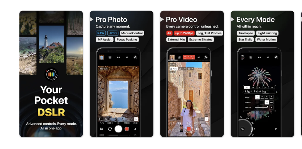 image of four screens demonstration Pro Shot app on android