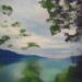Abstract landscape photograph of a tranquil lake framed by trees, with impressionistic camera movement creating layered green foliage, soft pastel skies and shimmering reflections across the water.