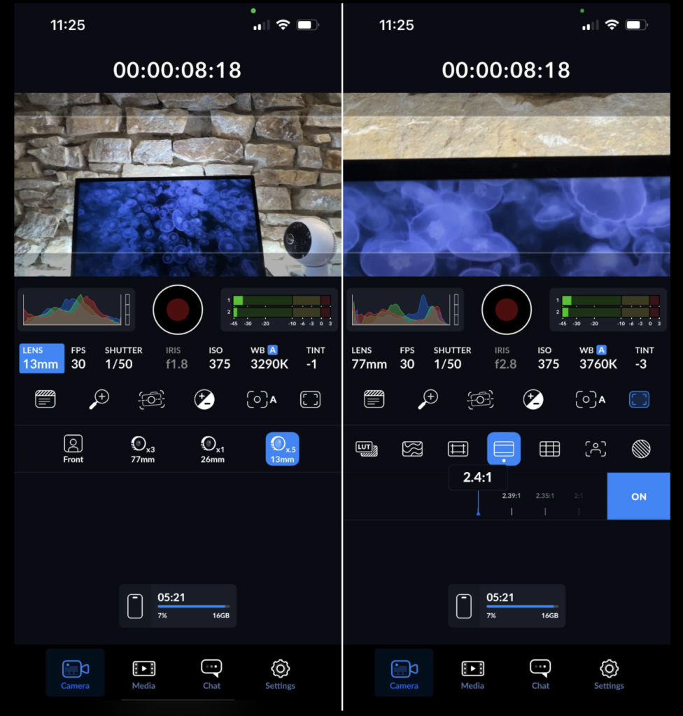 Blackmagic Camera app interface showing manual controls for lens selection, frame rate, shutter speed, ISO, white balance and monitoring tools on iPhone.