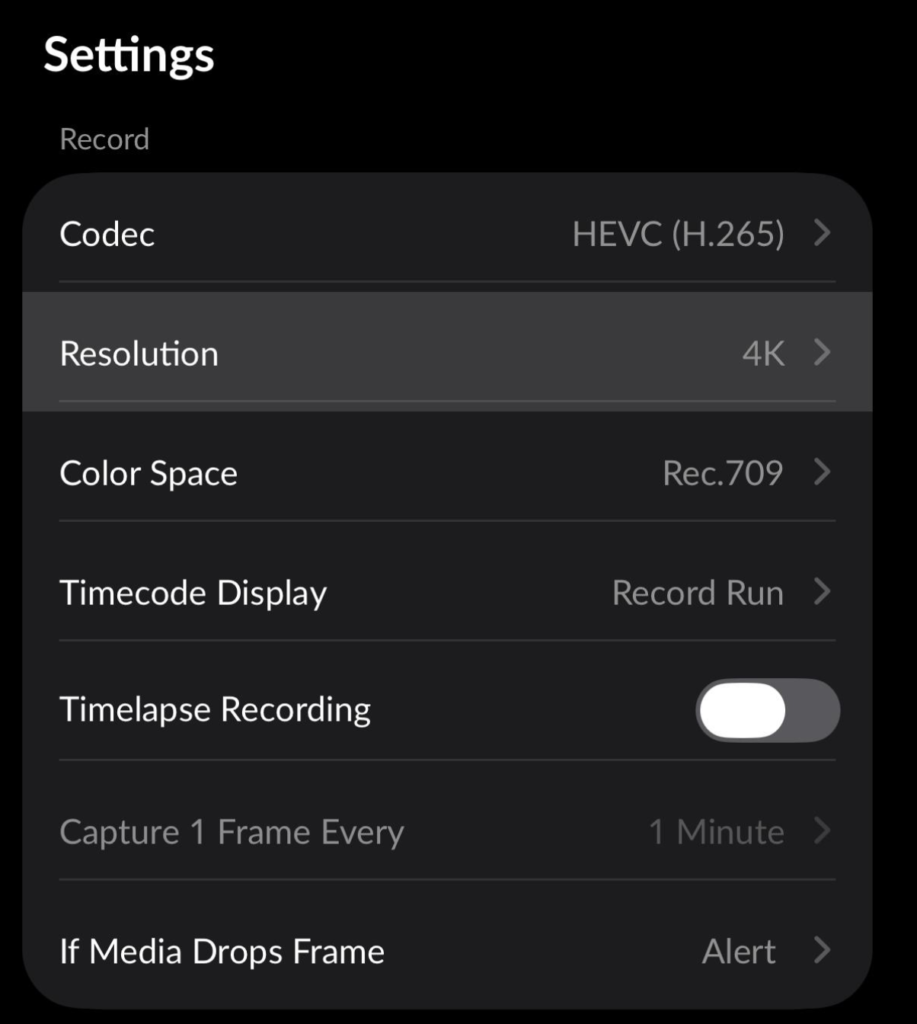 Blackmagic Camera app recording settings displaying codec, 4K resolution, Rec.709 colour space, timecode and timelapse recording options.
