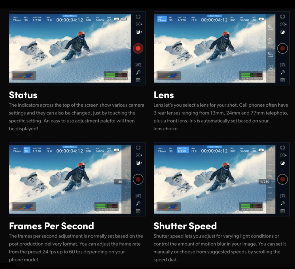 Blackmagic Camera app guide illustrating the Status, Lens, Frames Per Second and Shutter Speed controls for professional smartphone video recording.