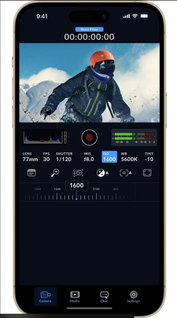 Blackmagic Camera app manual ISO adjustment interface showing professional exposure controls for cinematic smartphone filmmaking.