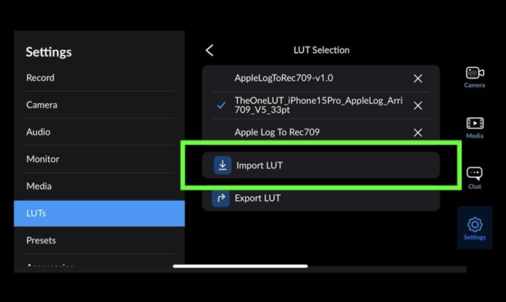 Blackmagic Camera app LUT settings showing how to import custom LUTs for colour grading and monitoring during video recording.