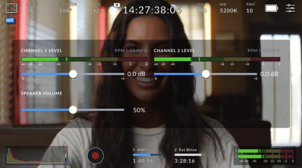 Blackmagic Camera app audio controls with dual-channel level meters and gain adjustment for professional-quality video recording.