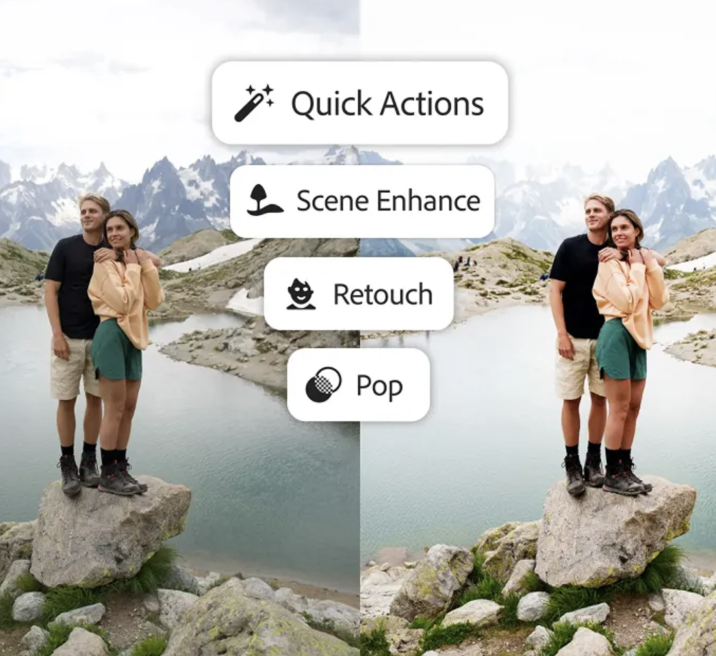 Promotional image for Adobe Lightroom showing before-and-after photo editing of a couple standing beside a mountain lake, highlighting AI-powered Quick Actions including Scene Enhance, Retouch and Pop for fast photo enhancements.
