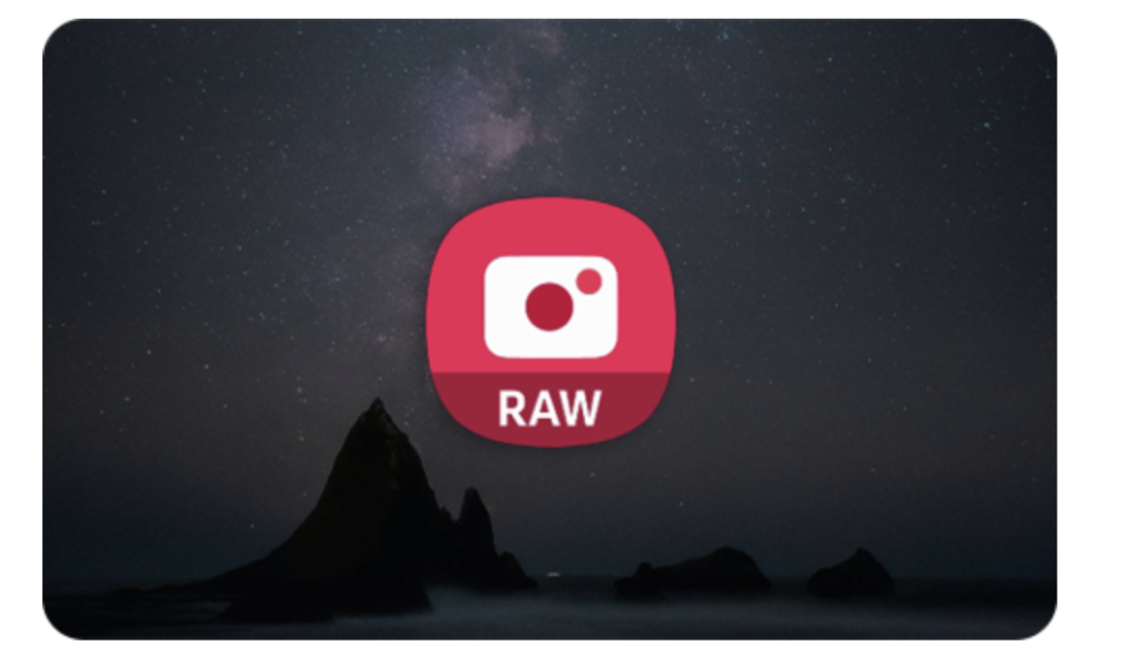 Samsung Expert RAW app icon displayed over a night sky and landscape background, highlighting the Galaxy camera app designed for professional RAW photography, manual camera controls and advanced computational imaging.