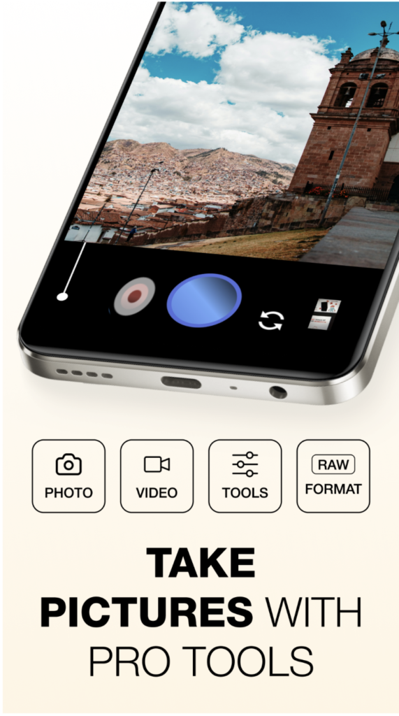Promotional image for LMC GCam Ports showing a Google Camera-inspired interface with professional photography tools, including RAW capture, photo and video modes, manual controls and computational imaging features on an Android smartphone.