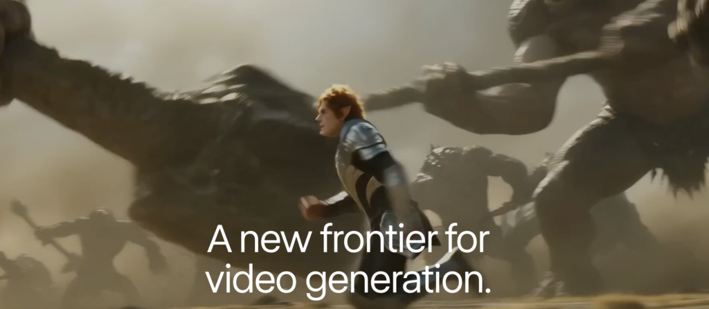 Promotional image for Runway Gen-4 AI video generation showing an armoured fantasy character running through a battlefield surrounded by towering creatures, illustrating cinematic action, dynamic motion and high-quality visual storytelling.