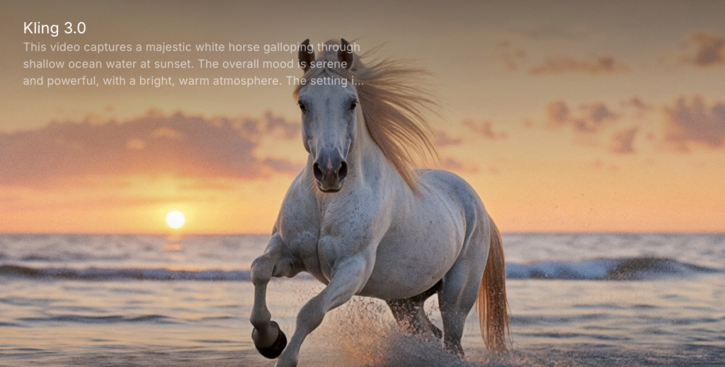 Kling 3.0 AI video generation example showing a white horse galloping through shallow ocean water at sunset, with warm golden light, splashing waves and realistic motion illustrating the platform's cinematic capabilities.