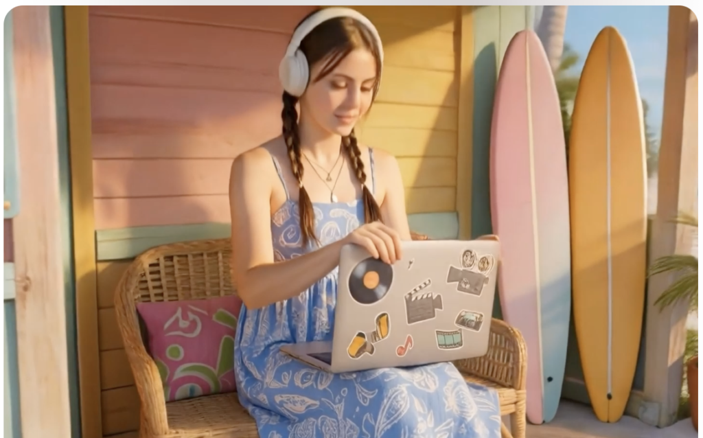 Hailuo AI video generation example showing a young woman wearing headphones and working on a laptop on a colourful beachside porch, with surfboards in the background, demonstrating realistic characters, warm natural lighting and lifestyle scene generation.