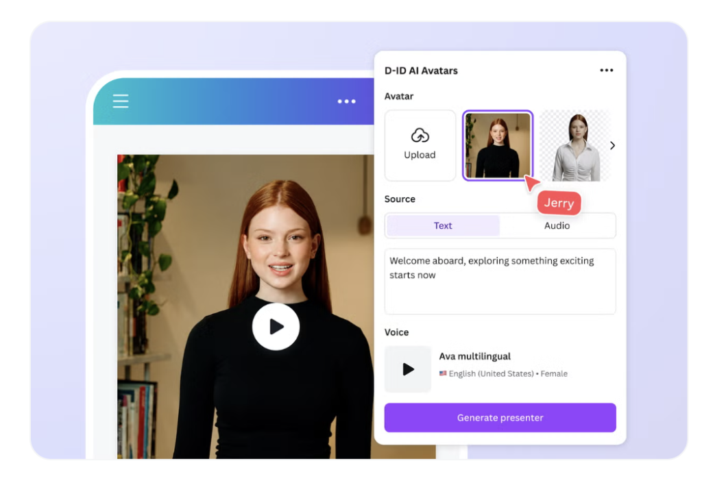 D-ID AI Avatars interface showing an AI presenter being created from text, with avatar selection, multilingual voice options and a video preview demonstrating AI-generated presenter technology.