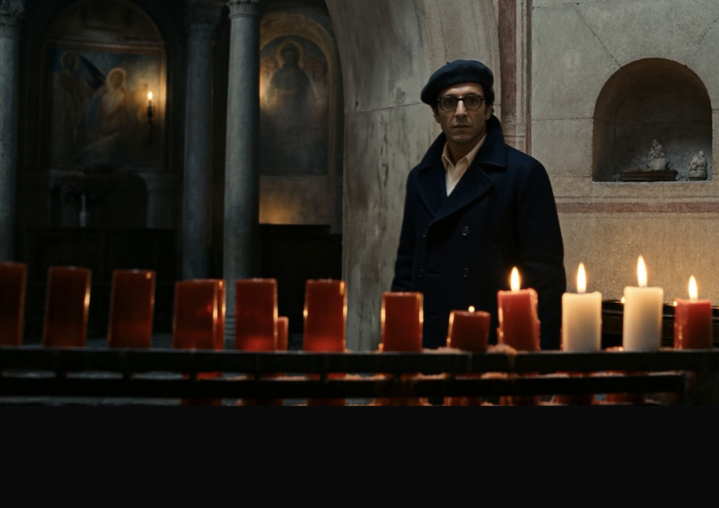 InVideo AI-generated video example showing a man standing inside a candlelit church with religious artwork and stone architecture, demonstrating the platform's ability to create cinematic scenes with atmospheric lighting and realistic environments.