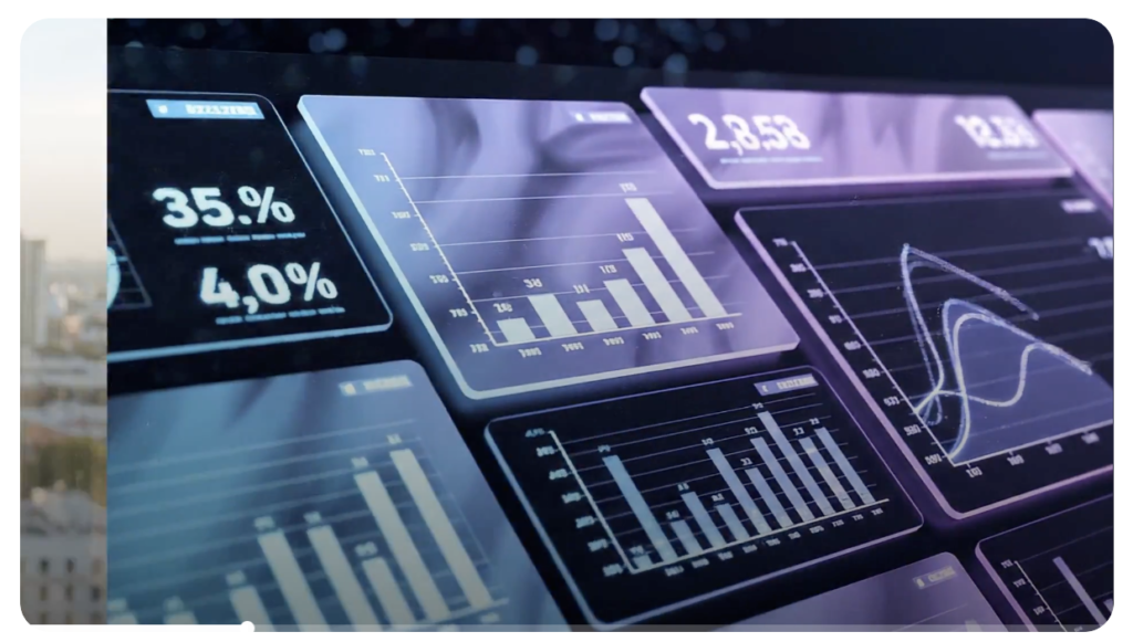 Synthesia interface displaying AI-powered analytics dashboards, charts and performance metrics, illustrating the platform's business-focused tools for creating, managing and analysing AI-generated video content.