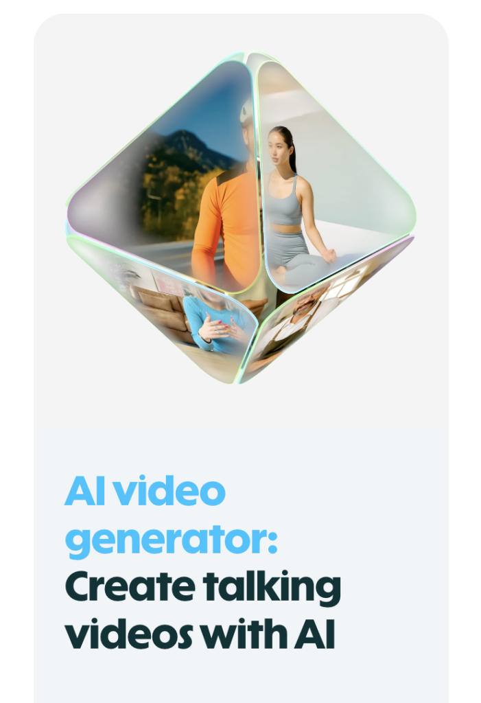 HeyGen AI Video Generator promotional graphic featuring a three-dimensional rotating cube displaying AI-generated presenters and talking avatars, illustrating the platform's ability to create realistic videos from text using digital avatars.HeyGen AI Video Generator promotional graphic featuring a three-dimensional rotating cube displaying AI-generated presenters and talking avatars, illustrating the platform's ability to create realistic videos from text using digital avatars.