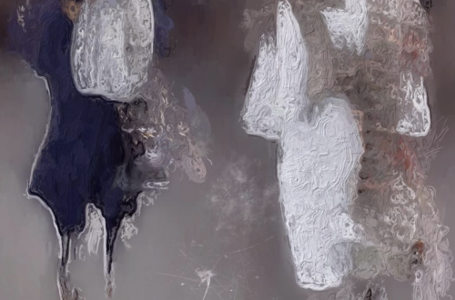 Abstract, painterly image of two human figures standing side by side against a muted grey background. The figure on the left wears a dark navy garment with a bright white apron-like shape, while the figure on the right appears in a loose white dress with softly textured brown and pink tones. Both figures are heavily distorted with swirling, fluid brushstrokes that obscure facial features and dissolve their forms into the surrounding space, creating a dreamlike, ethereal atmosphere suggestive of memory, identity and impermanence.