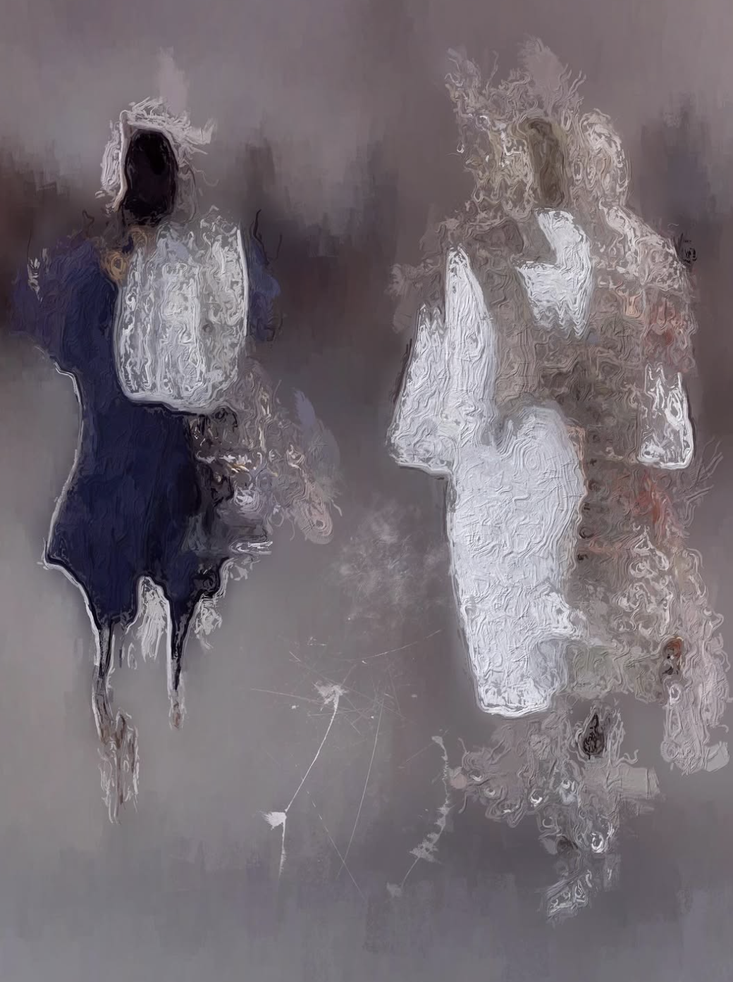 Abstract, painterly image of two human figures standing side by side against a muted grey background. The figure on the left wears a dark navy garment with a bright white apron-like shape, while the figure on the right appears in a loose white dress with softly textured brown and pink tones. Both figures are heavily distorted with swirling, fluid brushstrokes that obscure facial features and dissolve their forms into the surrounding space, creating a dreamlike, ethereal atmosphere suggestive of memory, identity and impermanence.