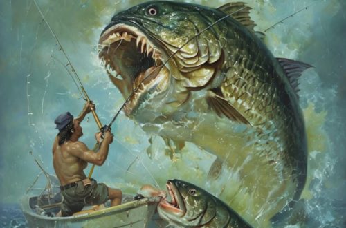 A dramatic digital artwork by Robi Gallardo depicting a lone fisherman in a small boat battling two enormous predatory fish erupting from stormy seas. The surreal composition combines fantasy, adventure and painterly realism, with turbulent waves and oversized creatures creating an intense sense of scale and danger.