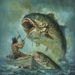 A dramatic digital artwork by Robi Gallardo depicting a lone fisherman in a small boat battling two enormous predatory fish erupting from stormy seas. The surreal composition combines fantasy, adventure and painterly realism, with turbulent waves and oversized creatures creating an intense sense of scale and danger.