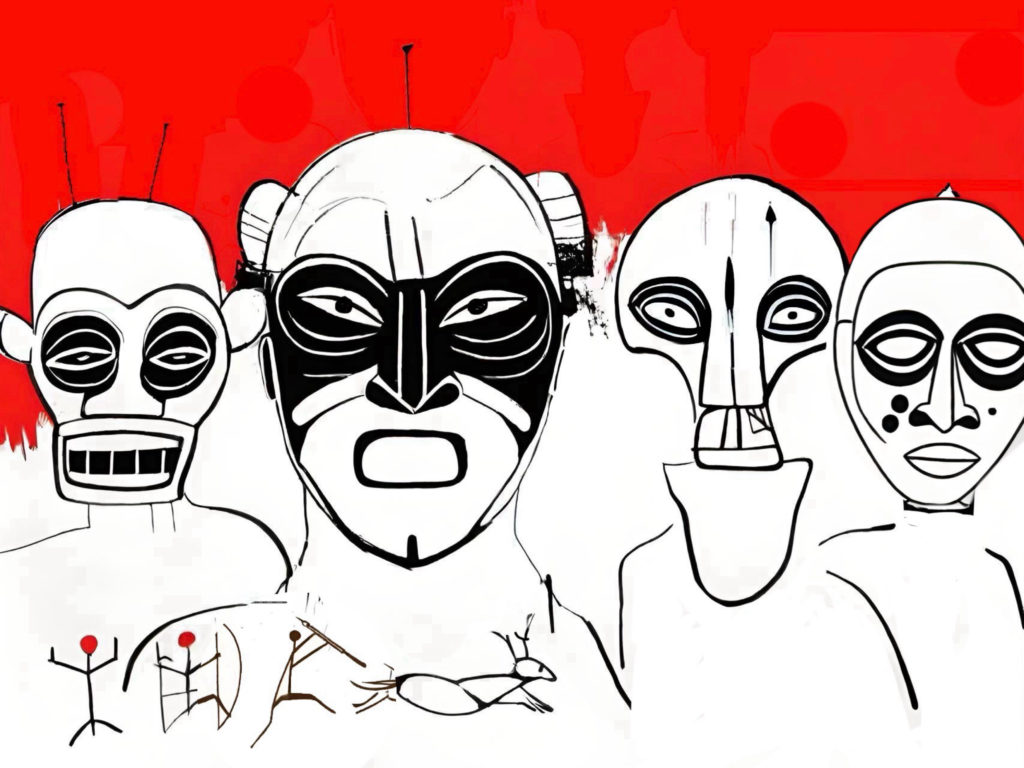 Abstract black-and-white portrait of four stylised mask-like faces against a vivid red background with minimalist symbolic figures and geometric details.