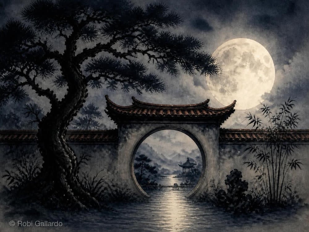 A tranquil monochrome landscape by Robi Gallardo showing a traditional Chinese moon gate opening onto a moonlit lake, with a distant pavilion reflected in calm water beneath a luminous full moon. Framed by an ancient pine tree and bamboo, the scene evokes serenity, contemplation and classical East Asian aesthetics.
