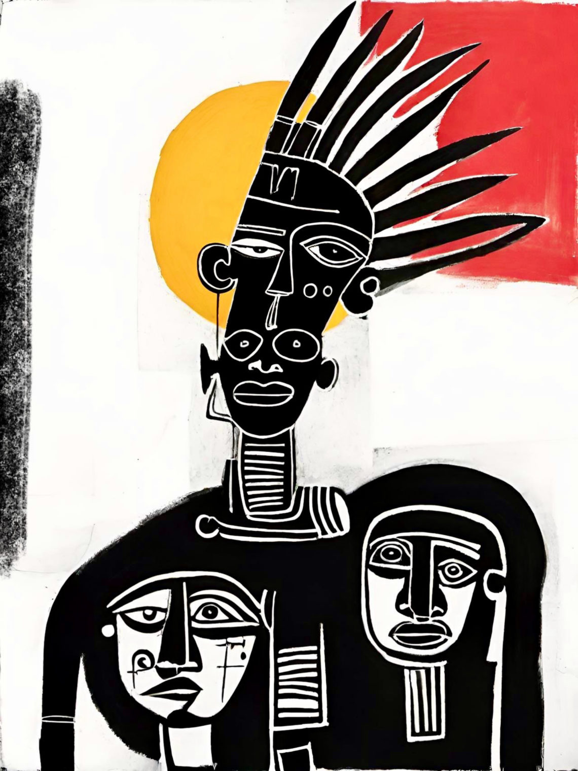 Graphic contemporary portrait of three stylised tribal figures with elongated faces and feathered headdress, set against bold yellow, red and white geometric shapes.