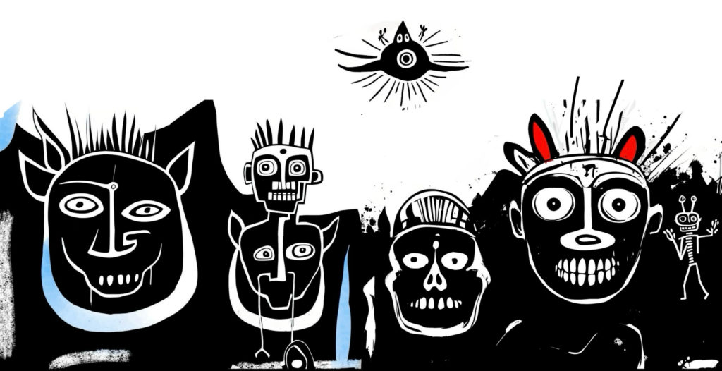 Modern abstract figurative artwork depicting wide-eyed black-and-white characters, floating masks and expressive line drawings against a minimalist background.