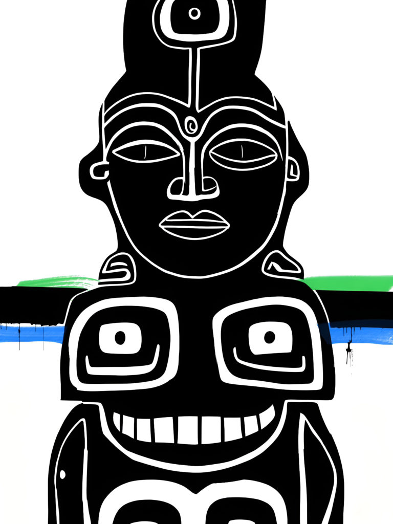 Contemporary minimalist tribal portrait showing stacked stylised faces in bold black and white with geometric eyes and blue and green abstract landscape elements.