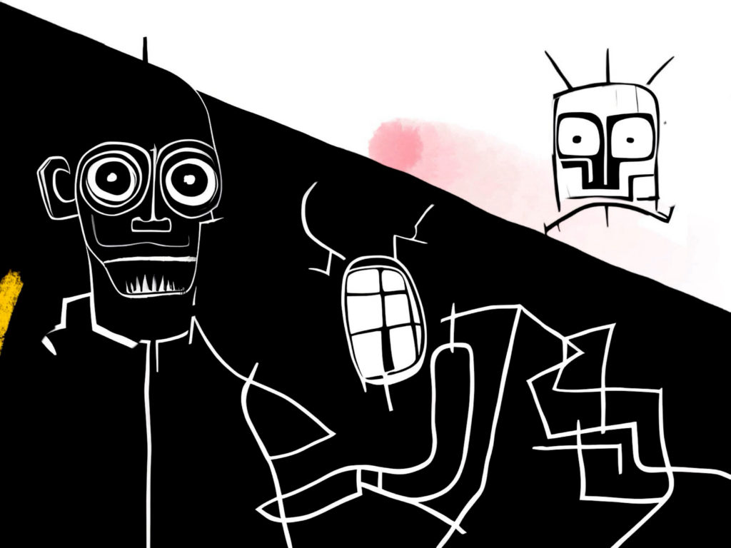 Abstract black-and-white tribal-inspired artwork featuring stylised masks, skull-like faces and symbolic figures with subtle red and blue accents on a white background.Abstract black-and-white tribal-inspired artwork featuring stylised masks, skull-like faces and symbolic figures with subtle red and blue accents on a white background.