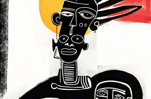Graphic contemporary portrait of three stylised tribal figures with elongated faces and feathered headdress, set against bold yellow, red and white geometric shapes.