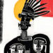 Graphic contemporary portrait of three stylised tribal figures with elongated faces and feathered headdress, set against bold yellow, red and white geometric shapes.