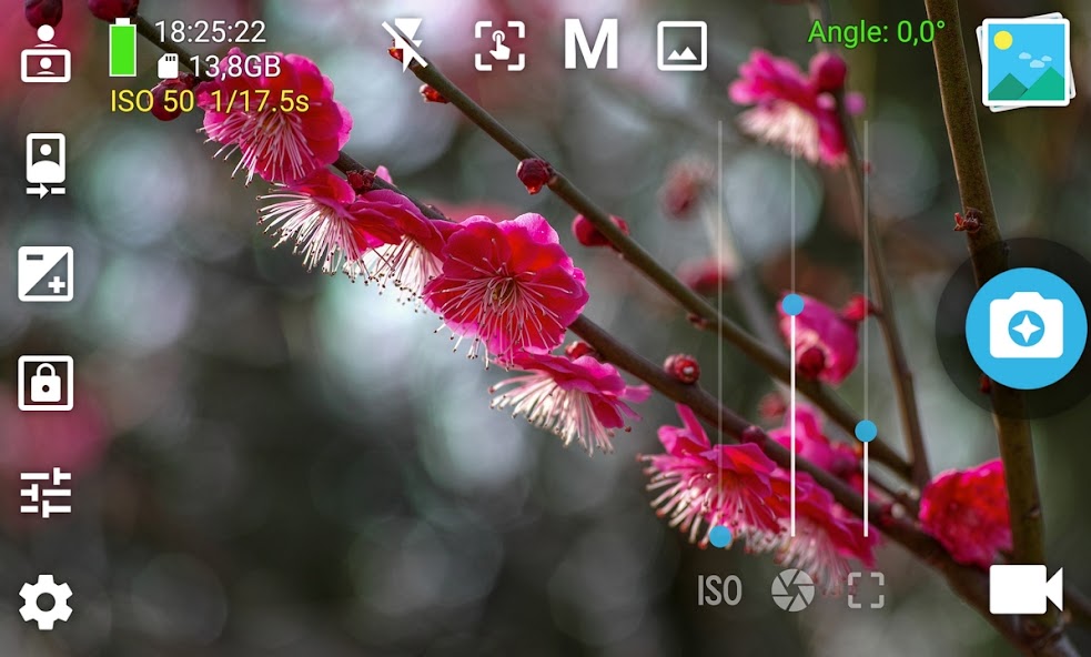 Screenshot of the HedgeCam 2 Android camera app interface showing advanced manual photography controls, including ISO, long exposure, focus, exposure adjustment and camera settings, while photographing pink blossom flowers in close-up.