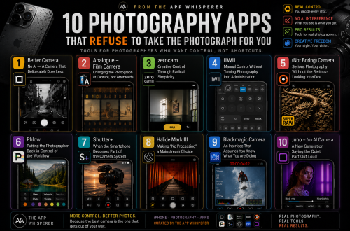 TheAppWhisperer guide to 10 photography apps that put photographers back in control, featuring Better Camera, Analogue, zerocam, IIWII, Not Boring Camera, Phlow, Shutter+, Halide Mark III, Blackmagic Camera and Juno.
