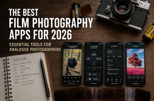 Featured image for The Best Film Photography Apps for 2026, showing smartphones with analogue photography tools alongside a vintage film camera, 35mm film, negatives and a photographer’s notebook.