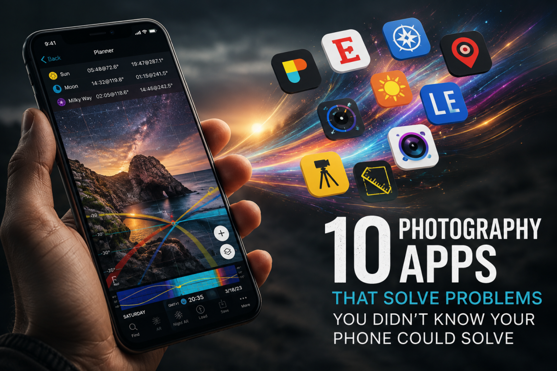10 photography apps that solve everyday problems for photographers, illustrated with a smartphone, photography planning tools and creative app icons.