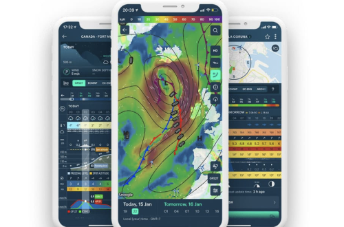 Windy weather app displaying detailed wind, pressure, precipitation and forecast maps alongside hourly weather data on smartphones.