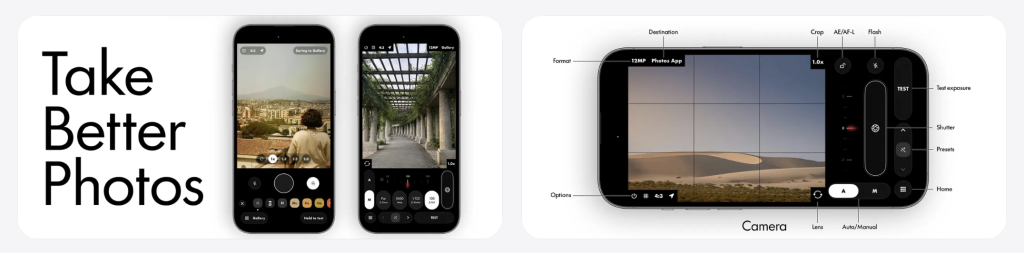 LUMA Camera & Presets app interface showing iPhone camera controls, manual photography settings, presets and an annotated landscape photography screen.