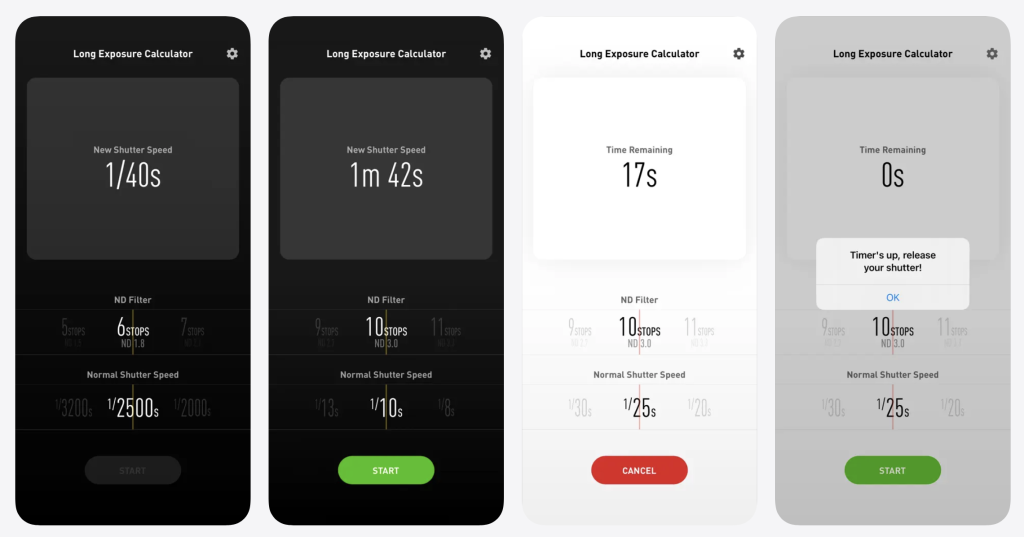 Long Exposure Calculator app showing ND filter calculations, adjusted shutter speeds and a built-in countdown timer for accurately timing long-exposure photographs.